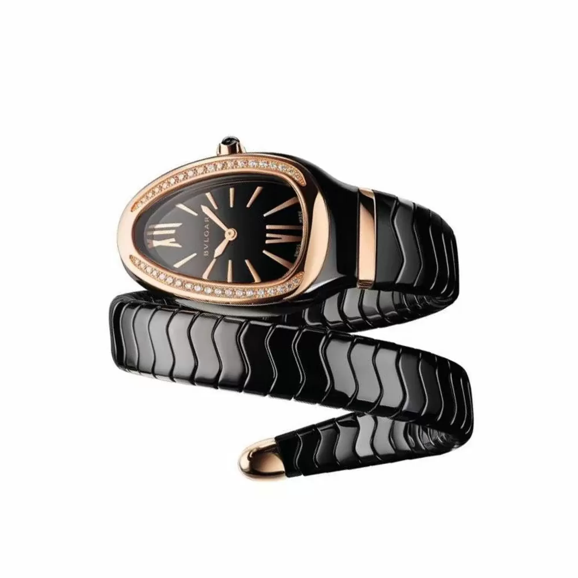 Bvlgari Serpenti Spiga Rose Gold And Black Ceramic Diamond Watch New