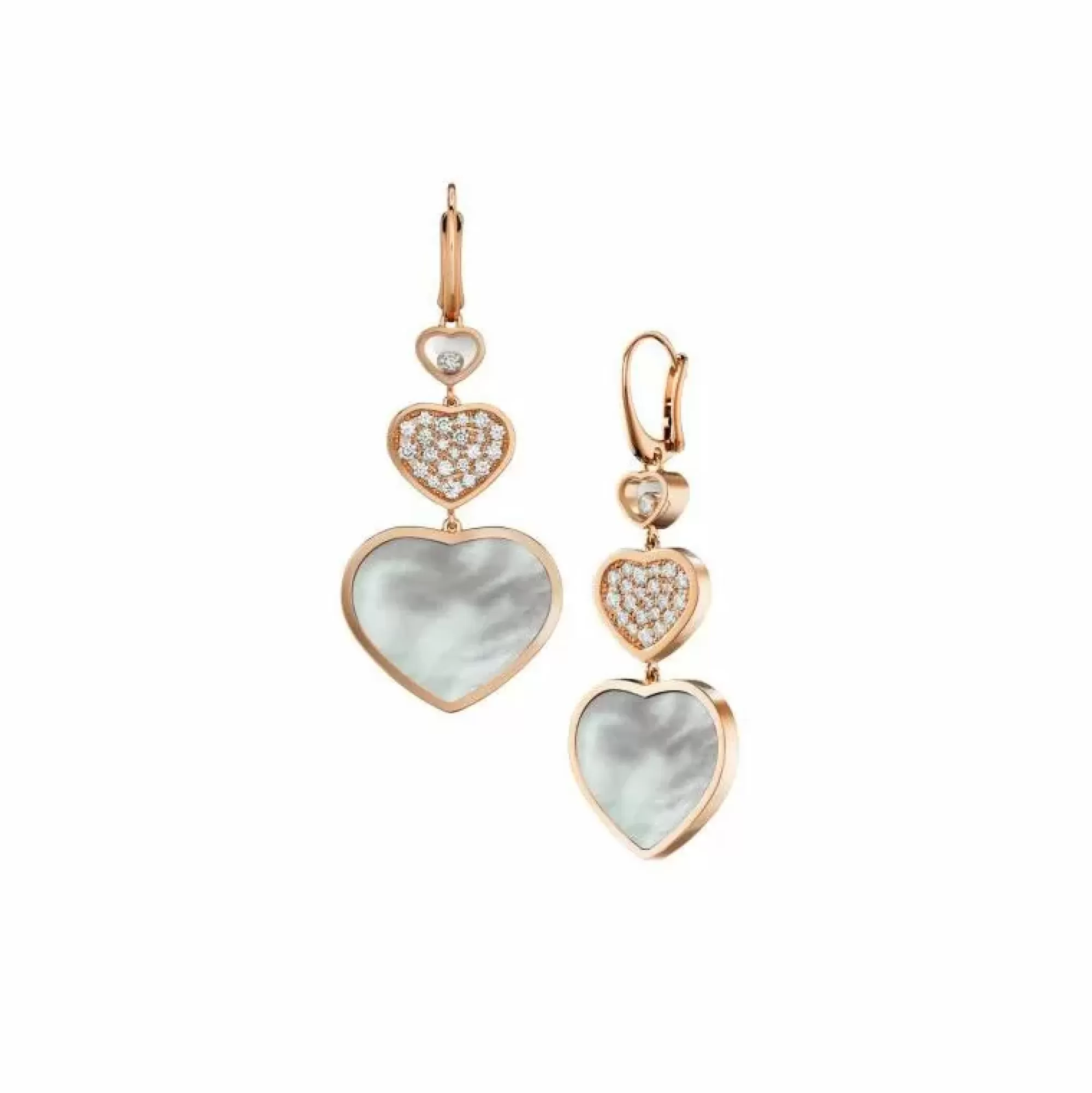 Chopard Happy Hearts 18K Rose Gold Diamond And Mother Of Pearl Triple Heart Hanging Earrings New