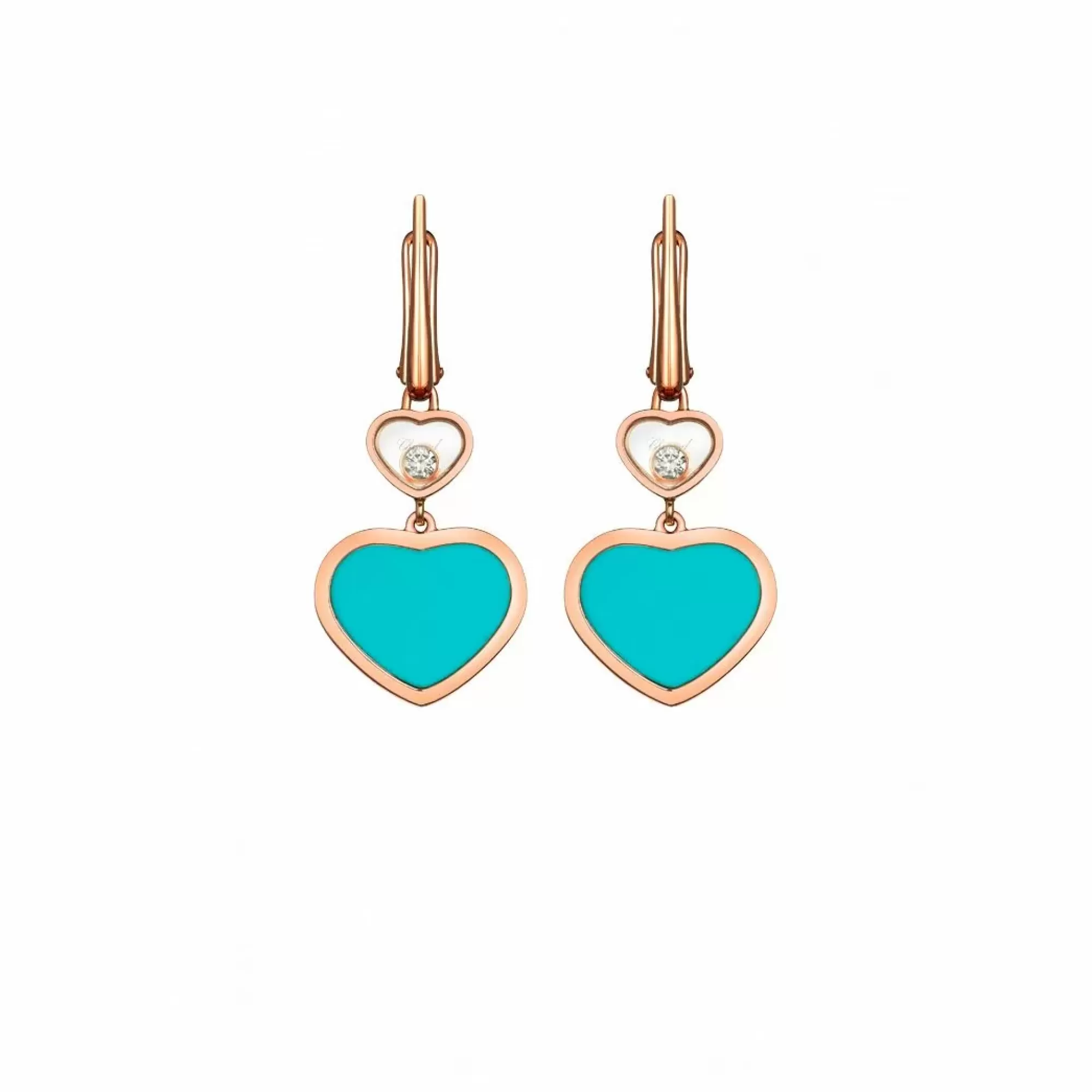 Chopard Happy Hearts 18K Rose Gold Diamond And Turquiose Hanging Earrings New
