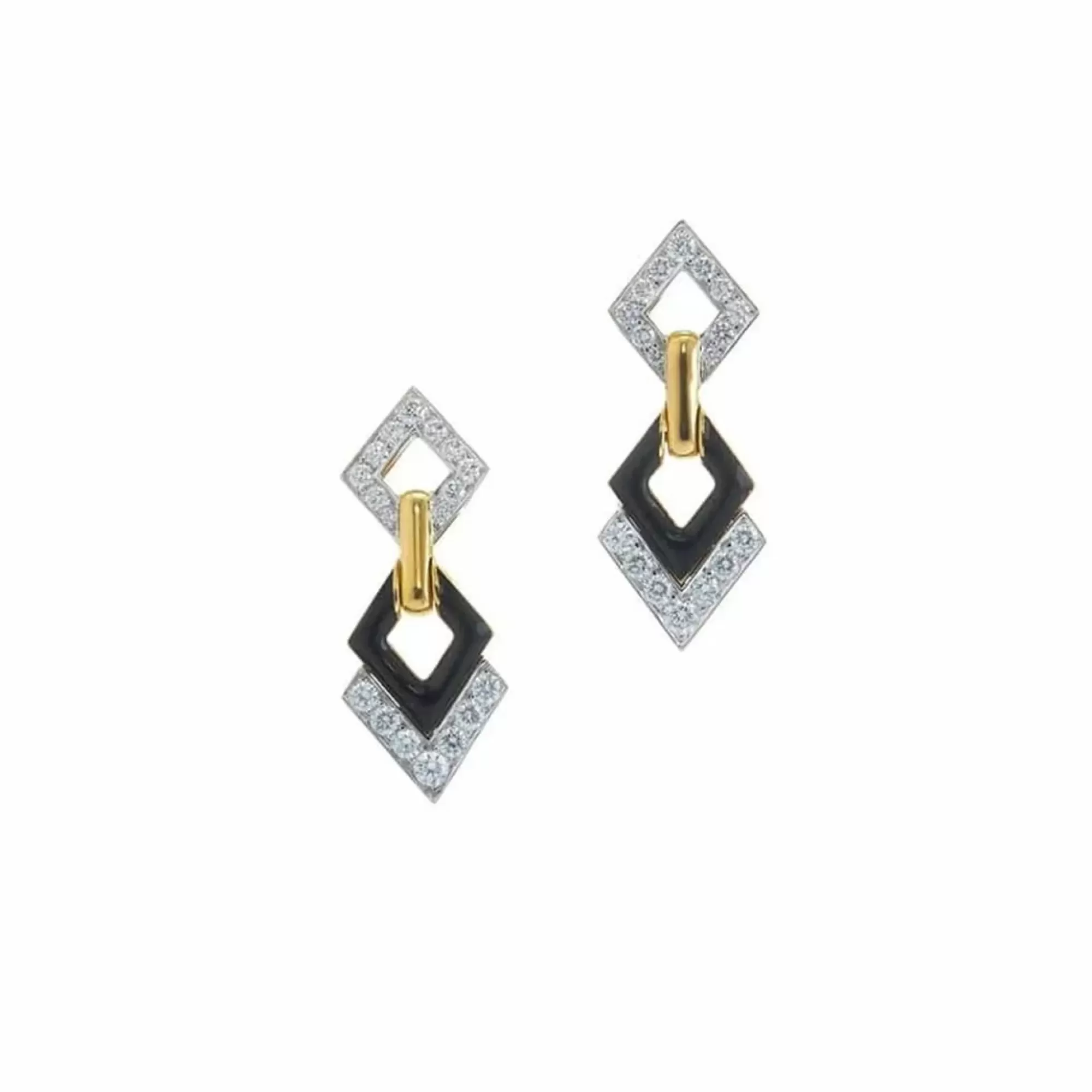 David Webb Motif 18K And Black Enamel Double Diamond Drop Earrings Best Sale