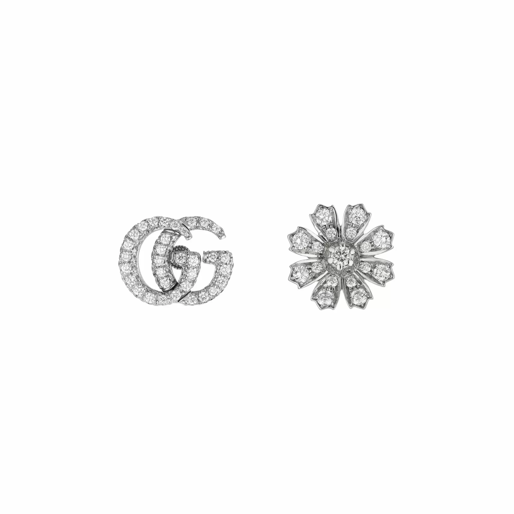 Gucci 18K White Gold Flora Diamond And Double G Stud Earrings New
