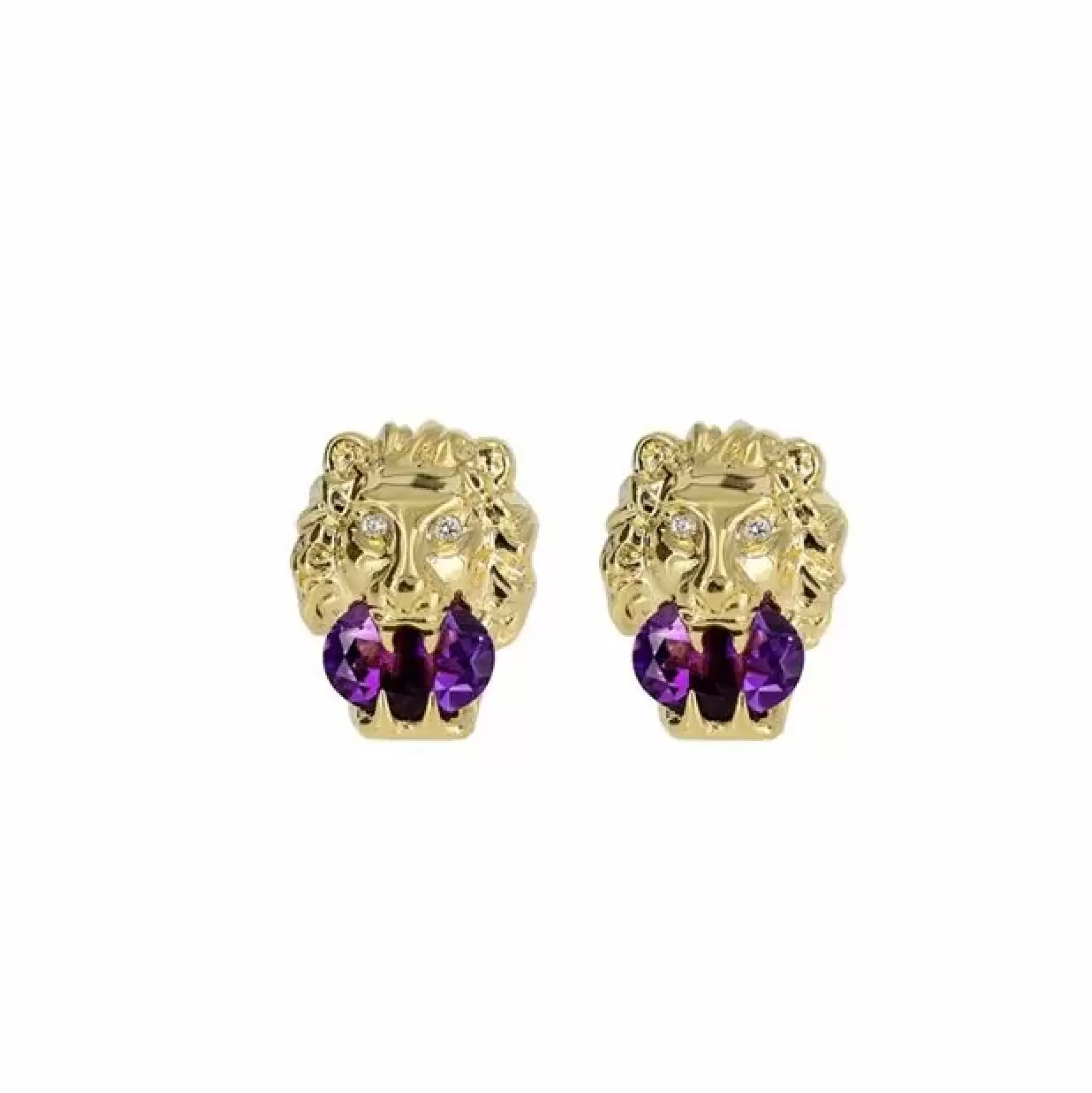 Gucci Lion Head 18K Yellow Gold Amethyst And Diamond Earrings Discount