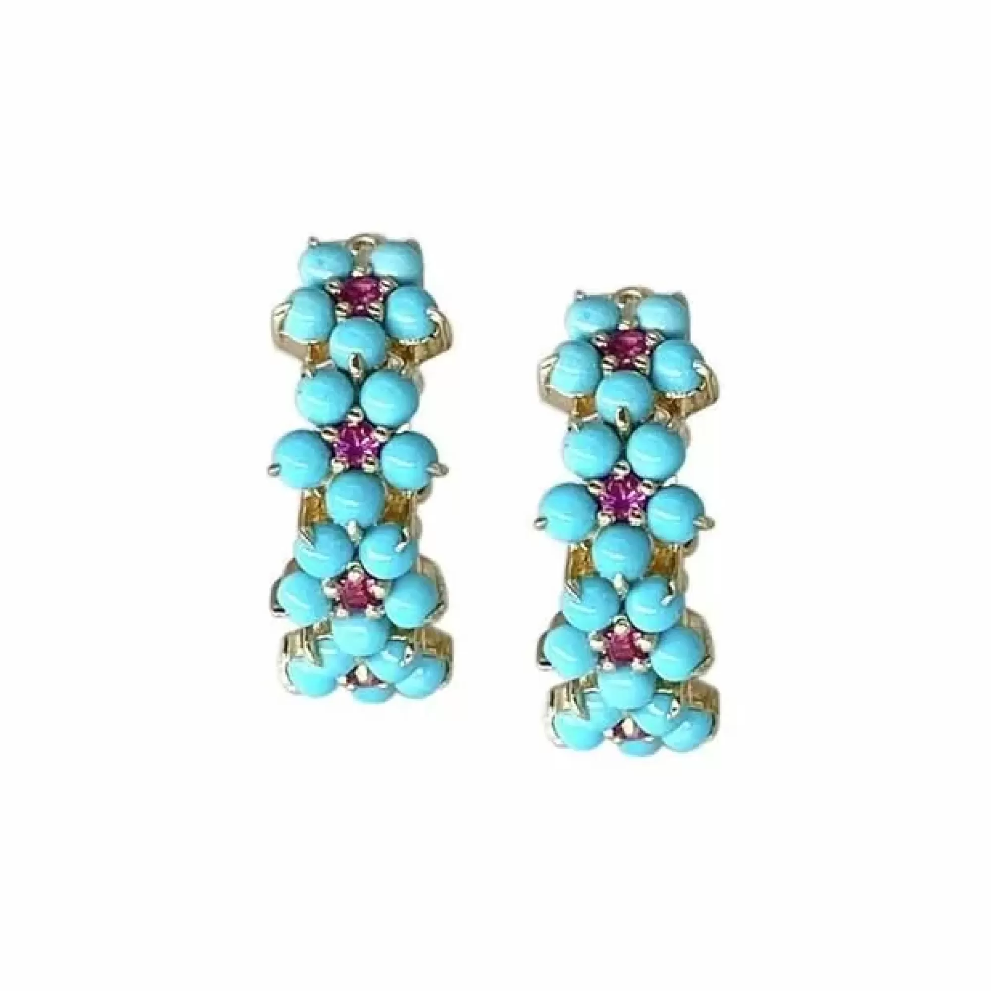 Jane Taylor 14K Yellow Gold Turquoise And Pink Sapphire Floral Hoop Earrings Store
