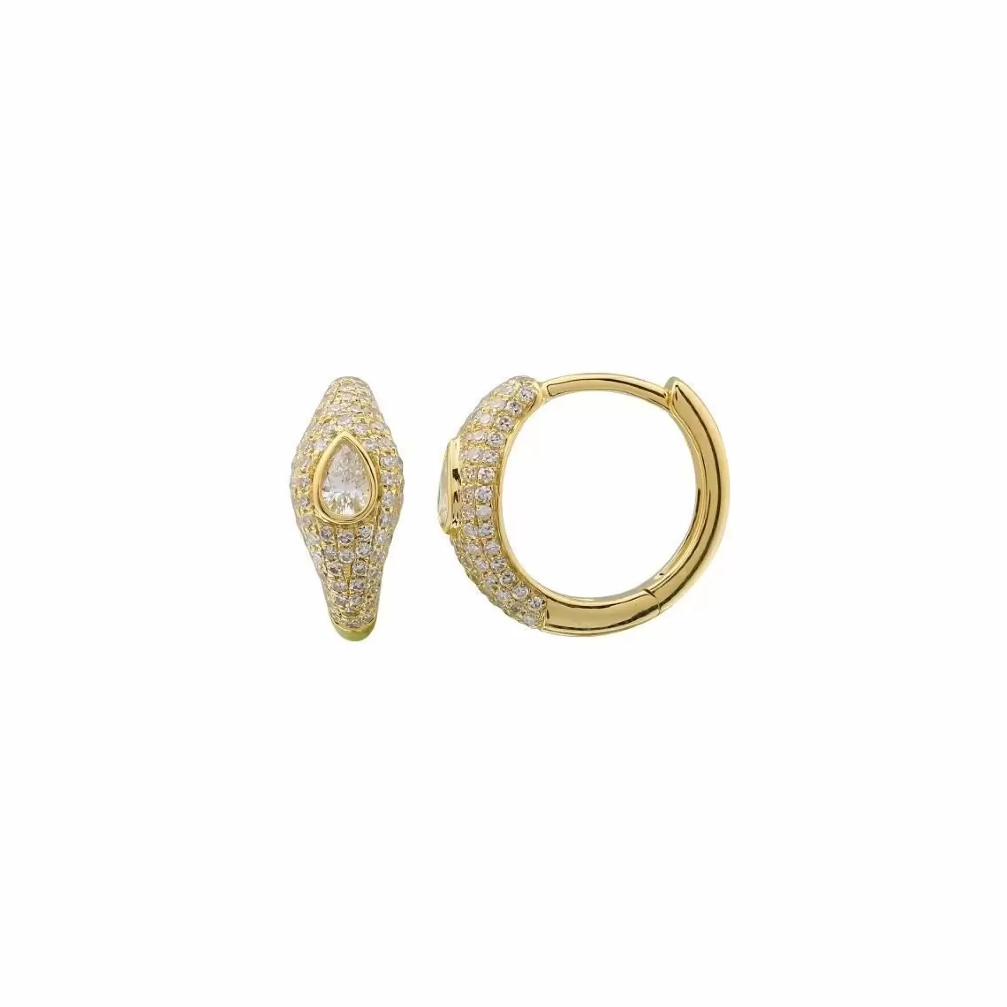 London Collection 14K Gold Pave And Bezel Set Pear Diamond Huggies New