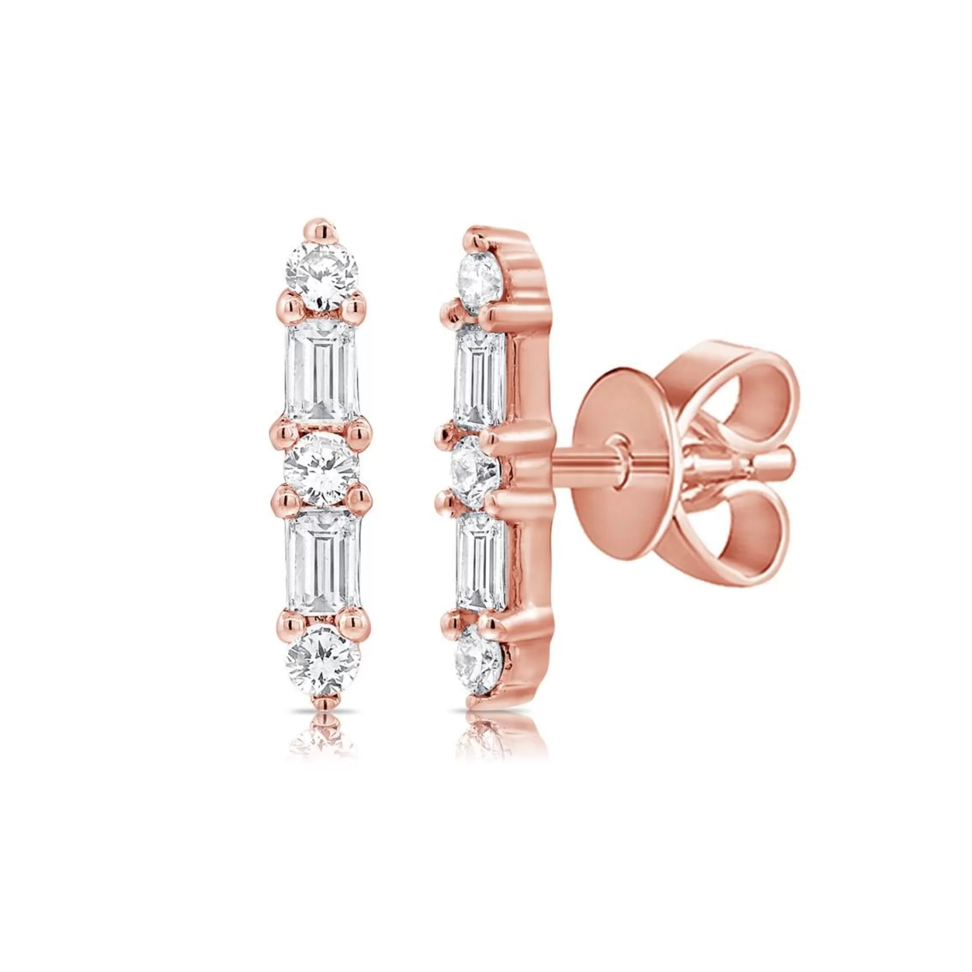 London Collection 14K Rose Gold Baguette And Round Diamond Stud Earrings New