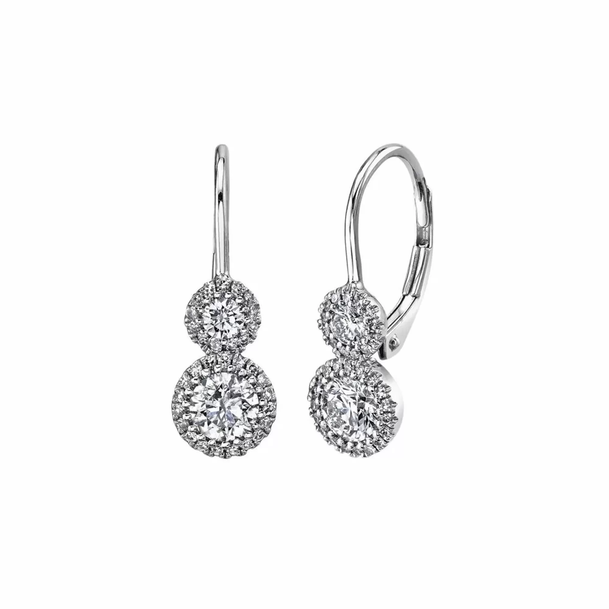 London Collection 14K White Gold Double Diamond Halo Leverback Drop Earrings Store