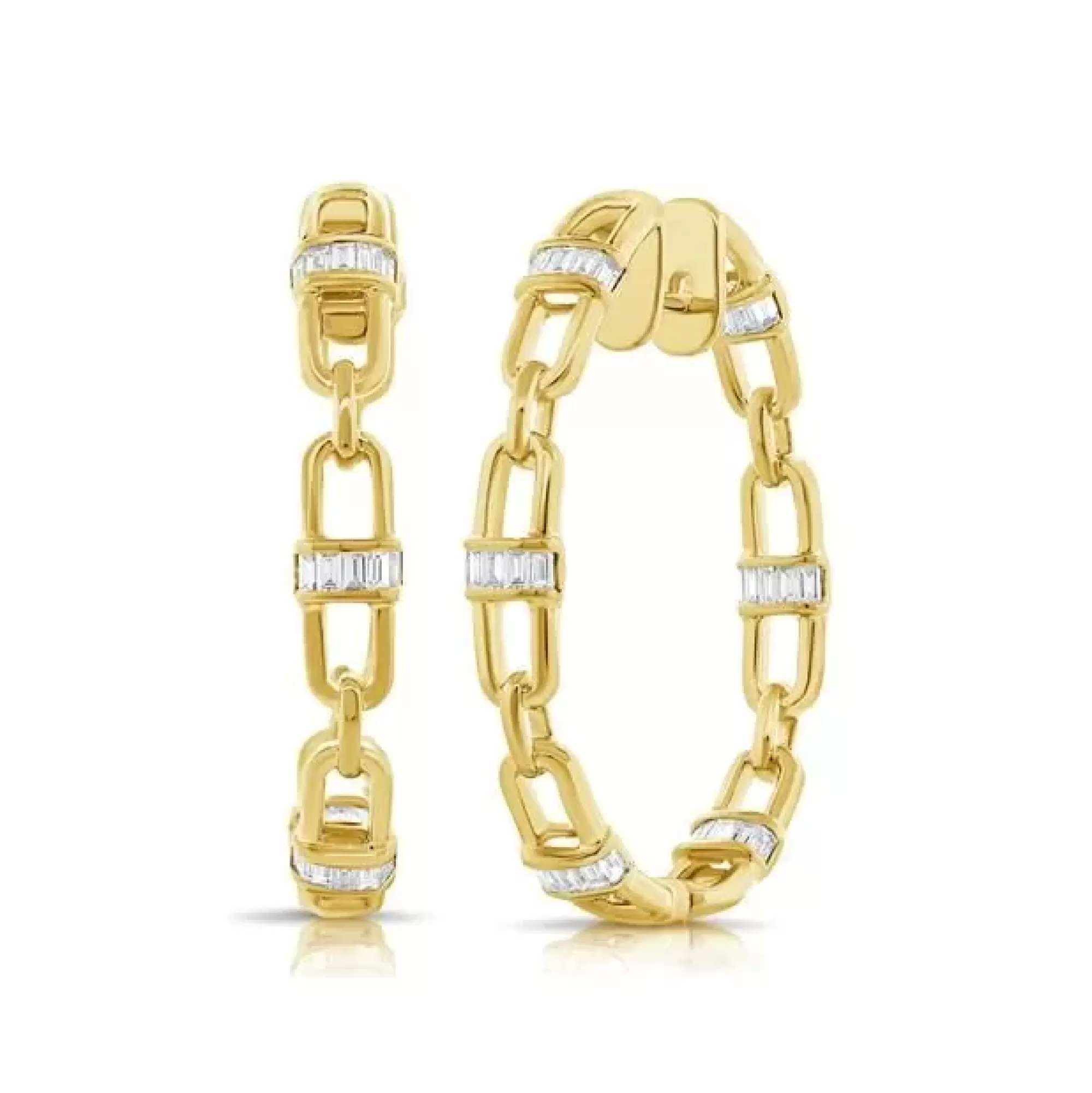 London Collection 14K Yellow Gold Baguette Diamond In/Out Oval Hoop Earrings New