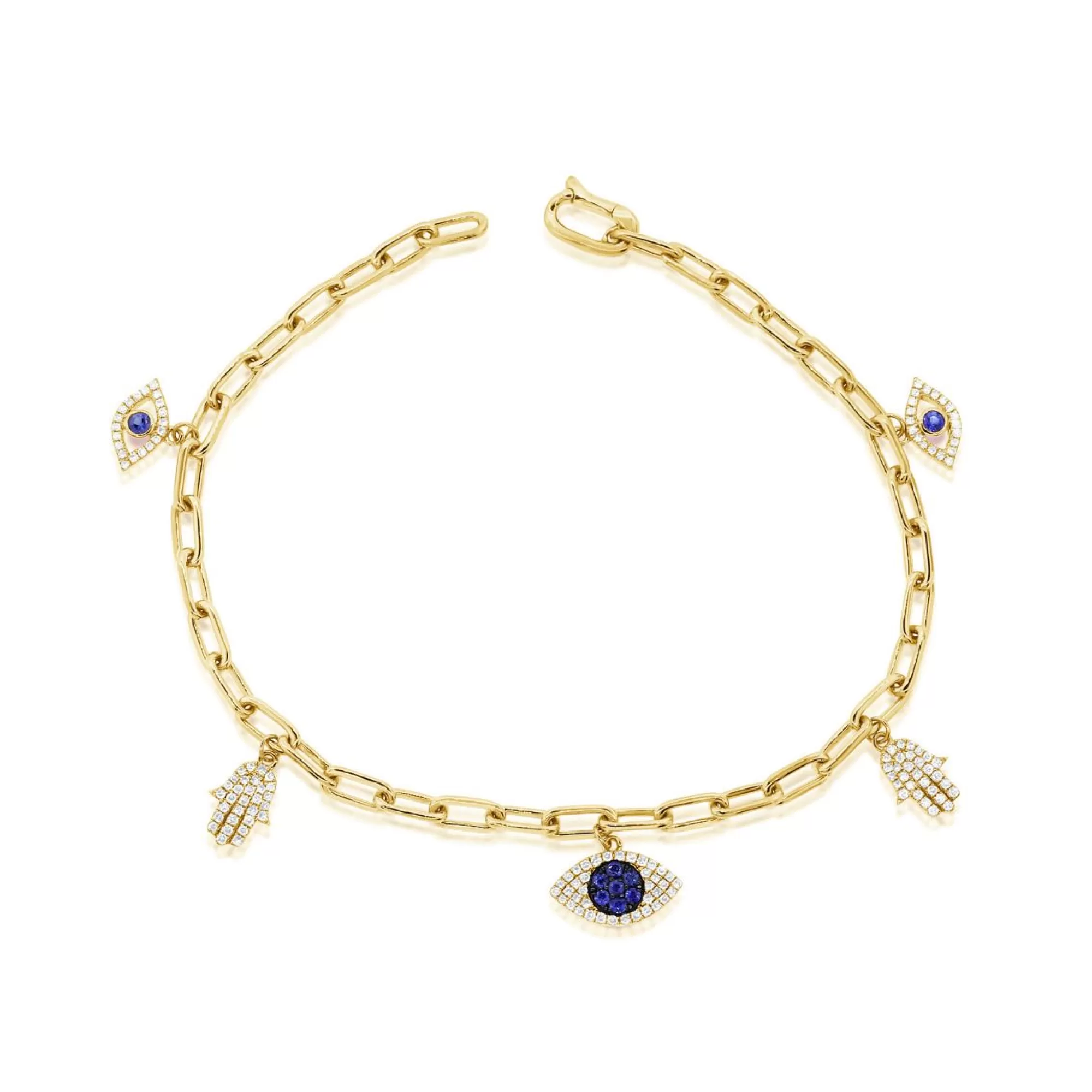 London Collection 14K Yellow Gold Diamond And Blue Sapphire Evil Eye And Hamsa Charm Bracelet Outlet