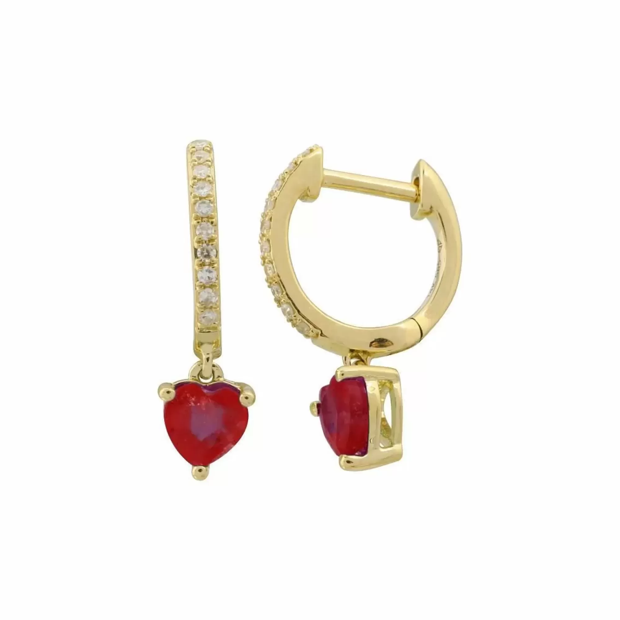 London Collection 14K Yellow Gold Diamond And Heart Shaped Ruby Huggies Hot