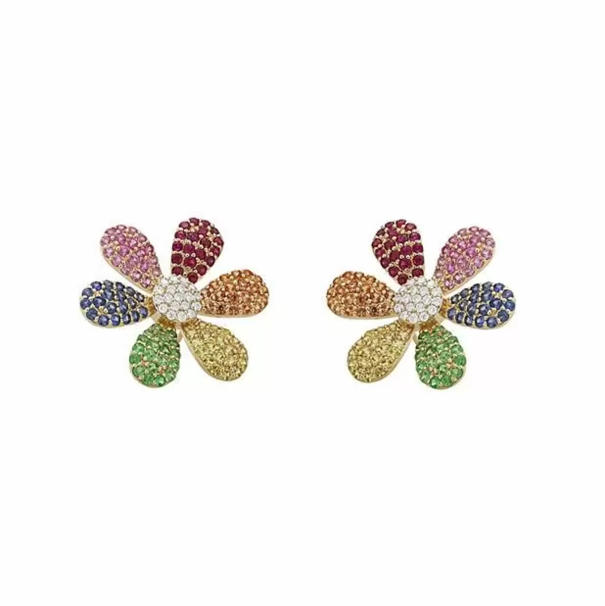London Collection 14K Yellow Gold Diamond And Rainbow Gemstone Flower Earrings Best Sale