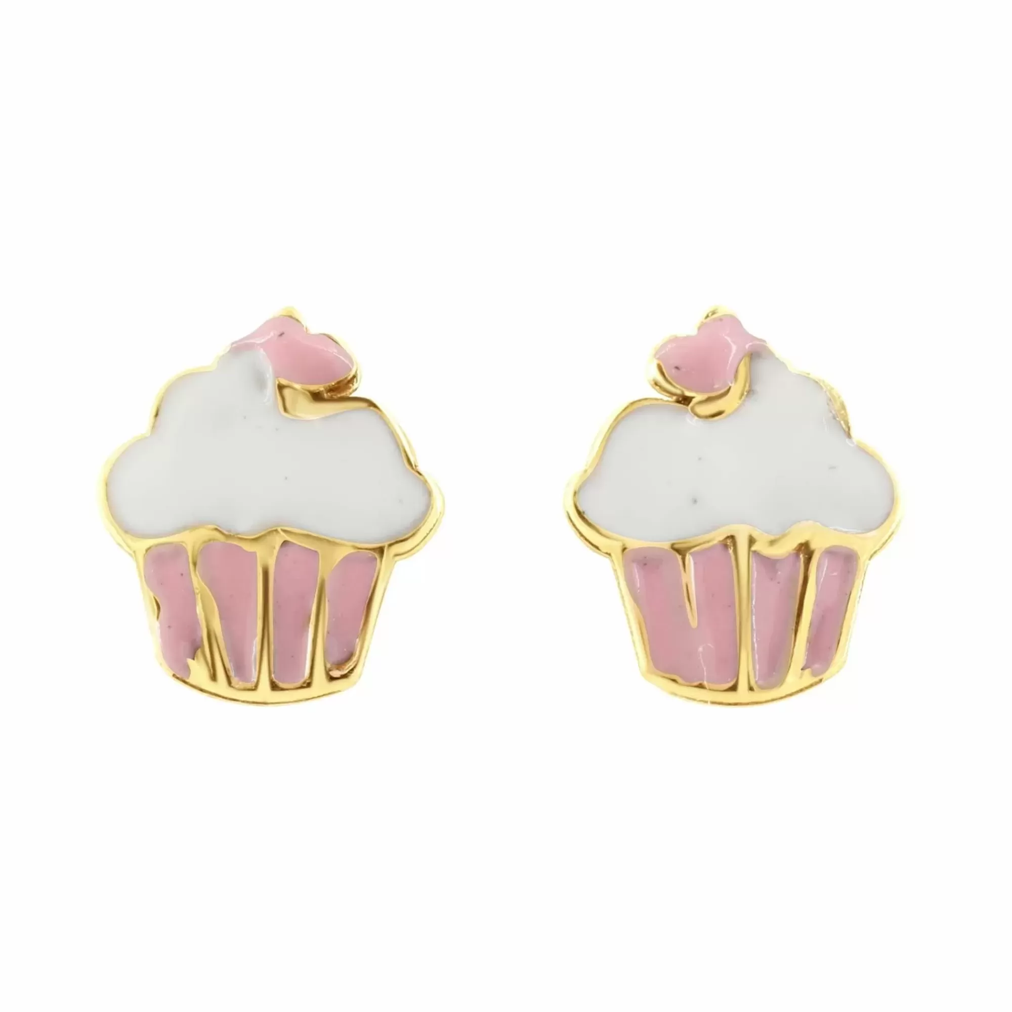 * London Collection 14K Yellow Gold Pink And White Enamel Cupcake Stud Earrings Clearance