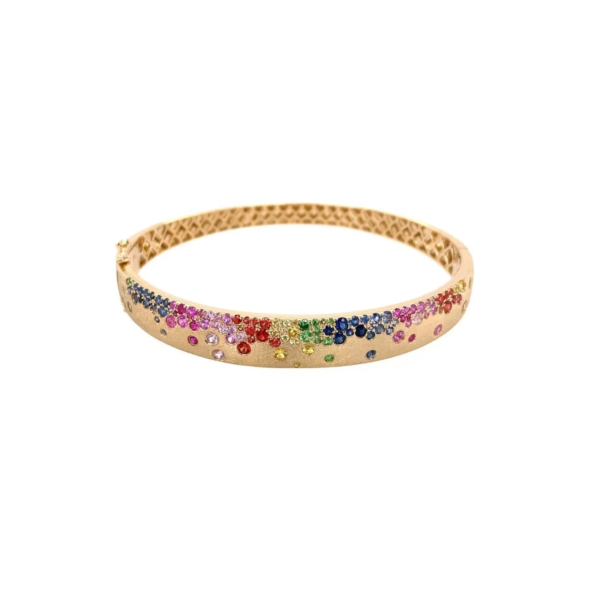 * London Collection 14K Yellow Gold Satin Finish Flush Set Rainbow Mixed Stone Bangle Bracelet Best