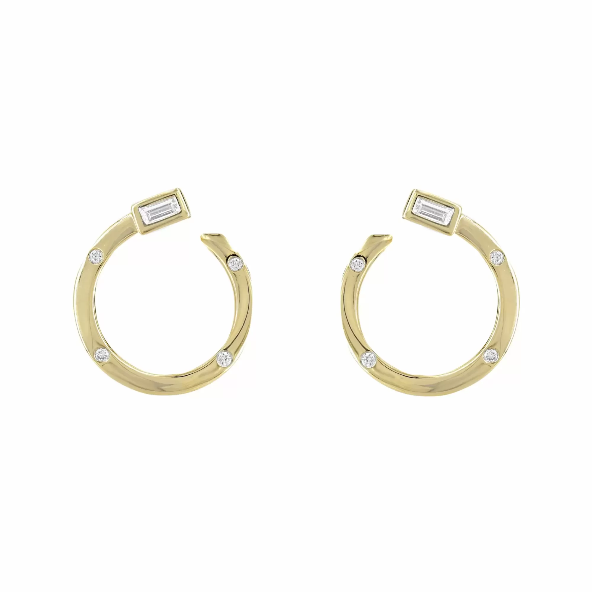 * London Collection 18K Yellow Gold Baguette And Round Diamond Offset Mini Hoop Earrings New