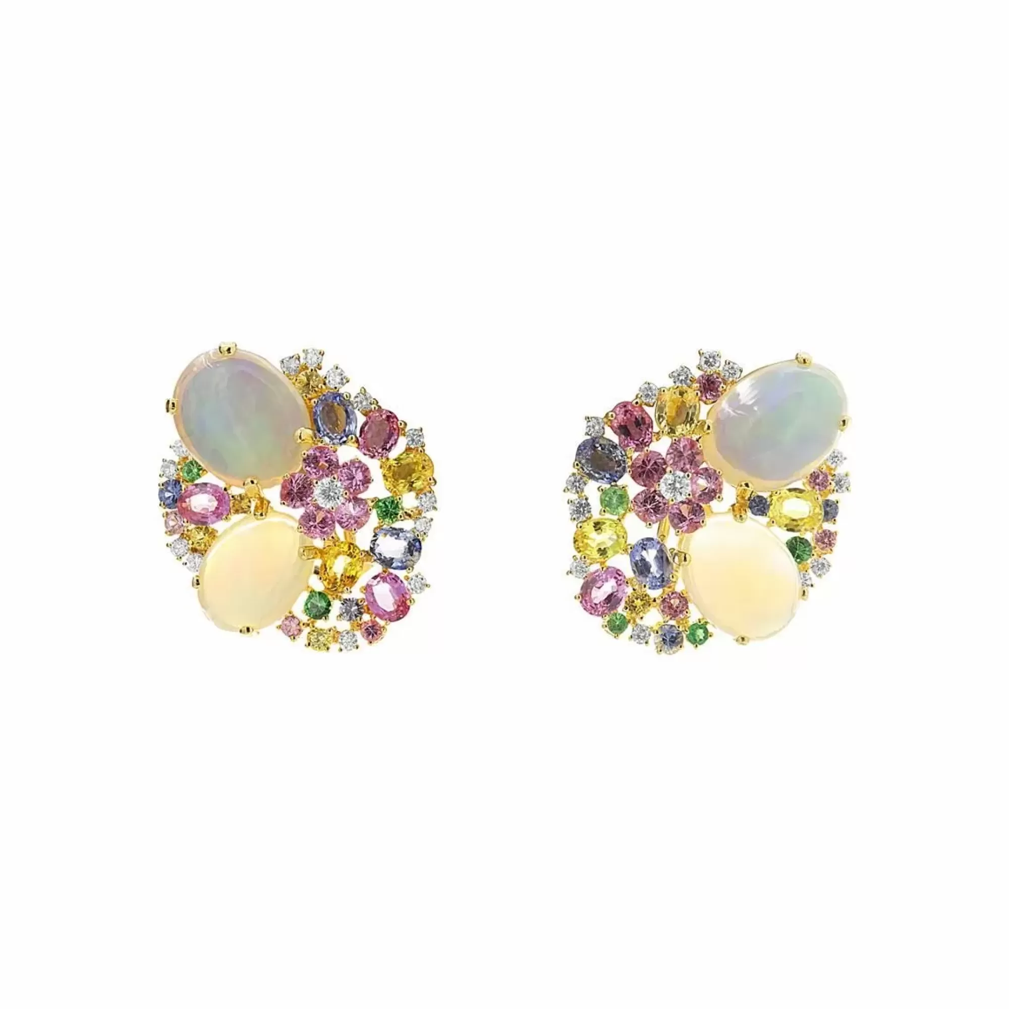 London Collection 18K Yellow Gold Opal Multicolored Sapphire And Diamond Cluster Button Earrings Store