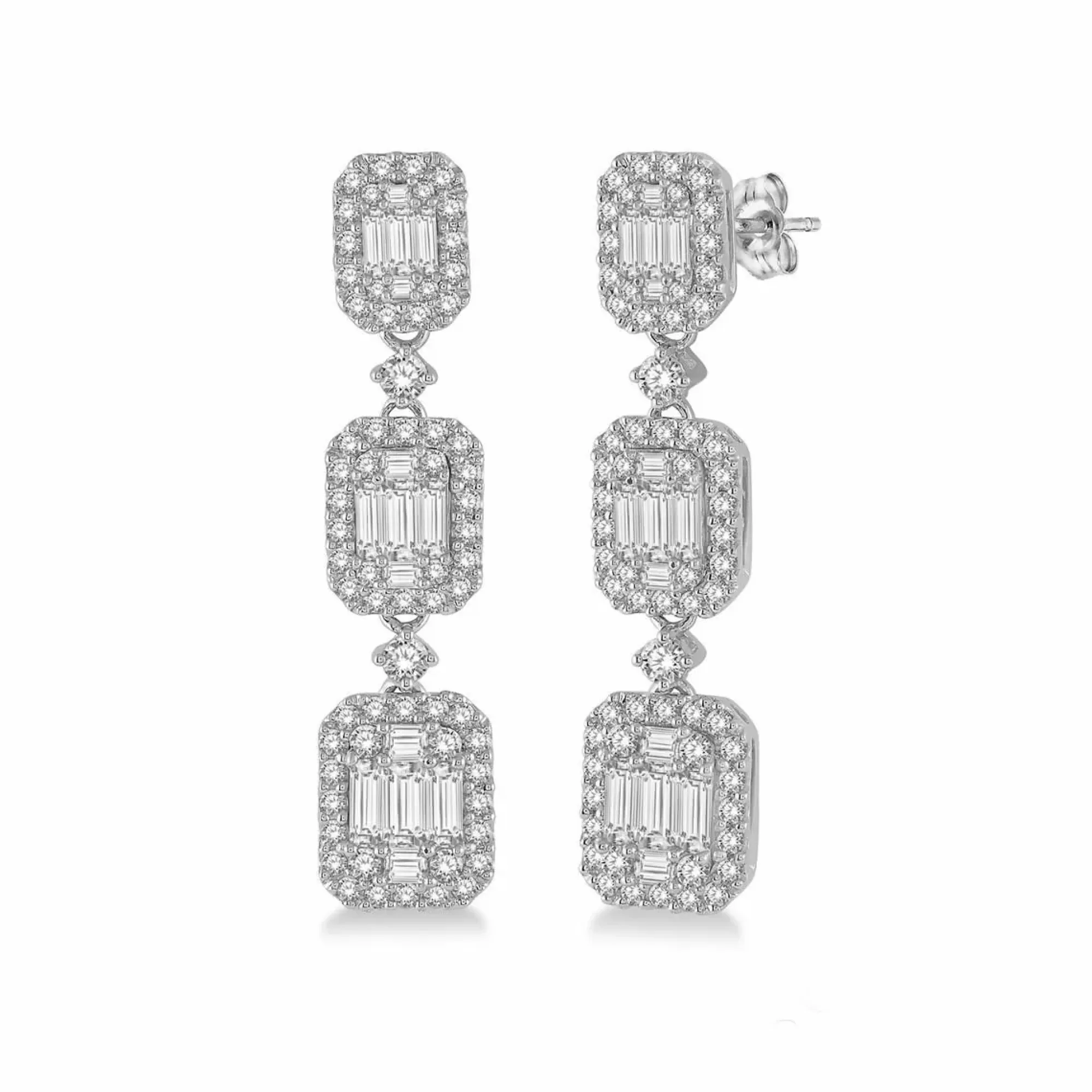 London Collection White Gold Round And Baguette Diamond Dangle Earrings Cheap