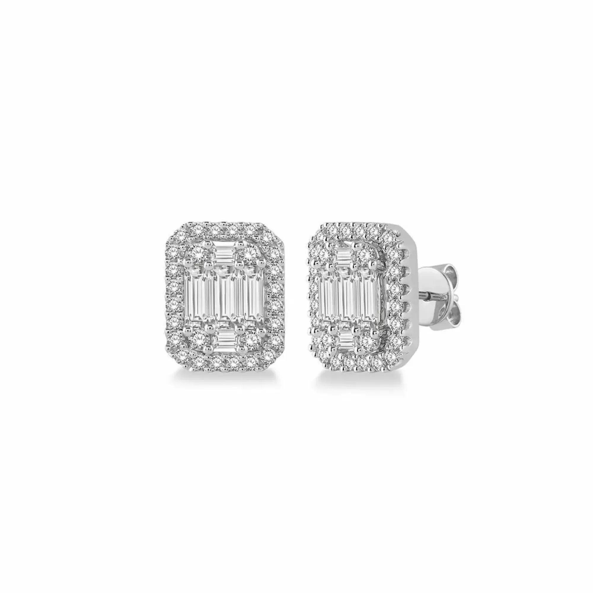 London Collection White Gold Round And Baguette Diamond Stud Earrings Hot