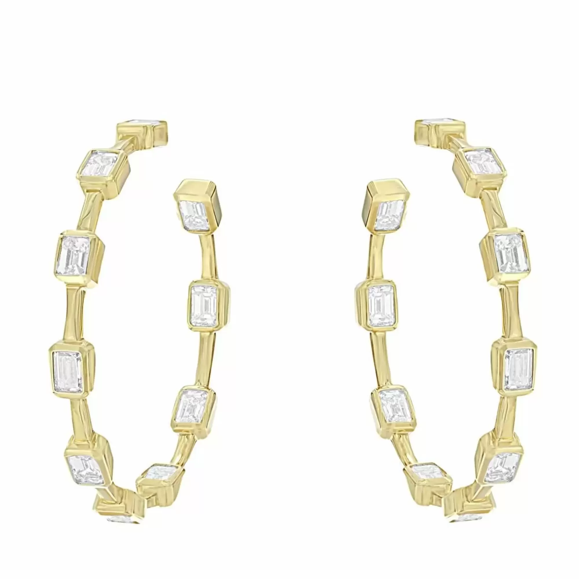 Norman Silverman 18K Yellow Gold Bezel Set Emerald Cut Diamond Hoop Earrings Cheap